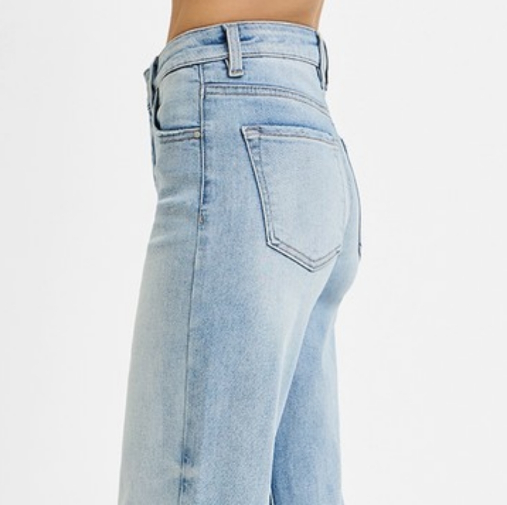 RISEN High-Rise Tummy Control Waist Pants Wide Leg Crop Cuffed Hem Denim Jeans - Picture 8 of 13
